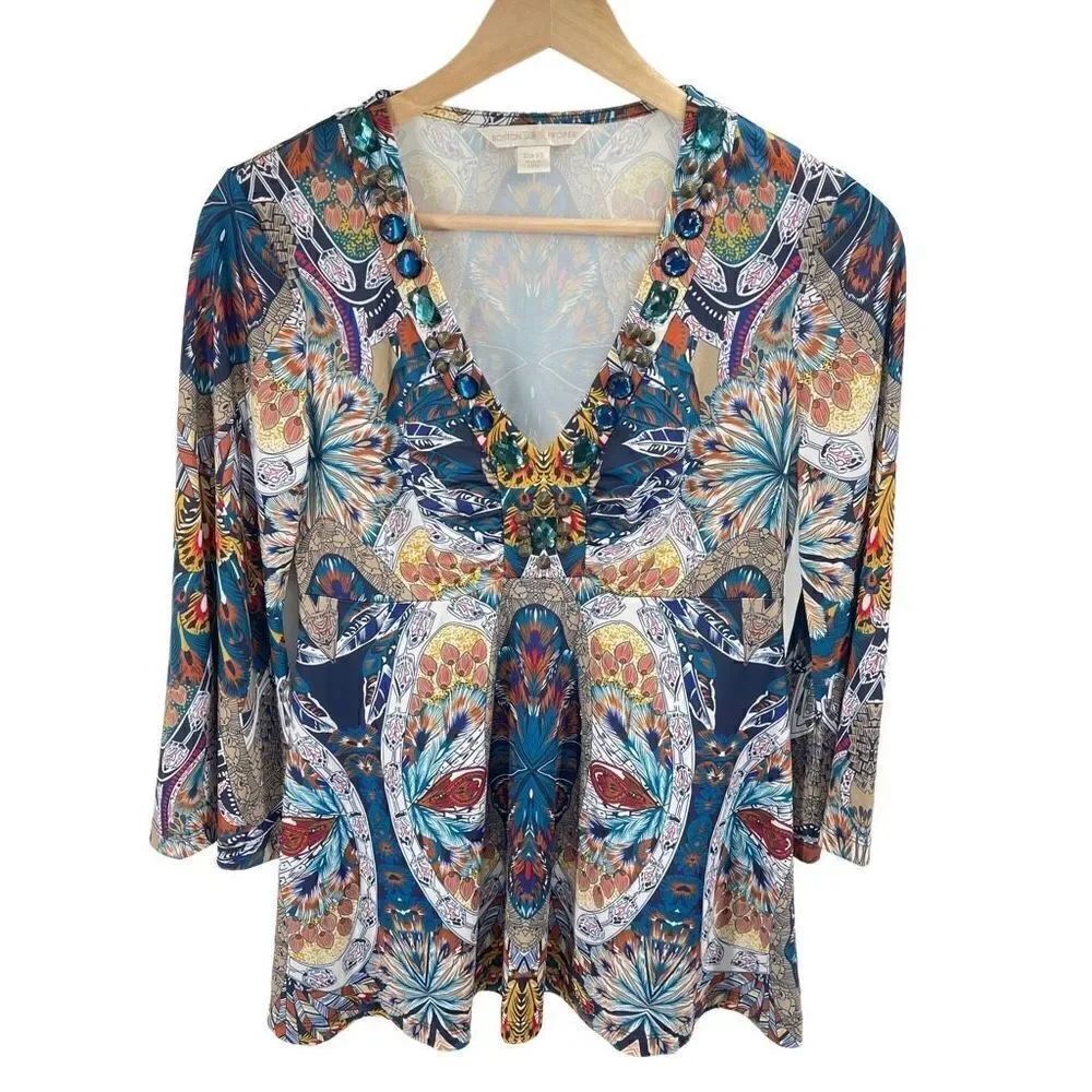 Boston Proper Womens Peacock Blouse Flared Sleeve V Neck Stretch Multicolor XS